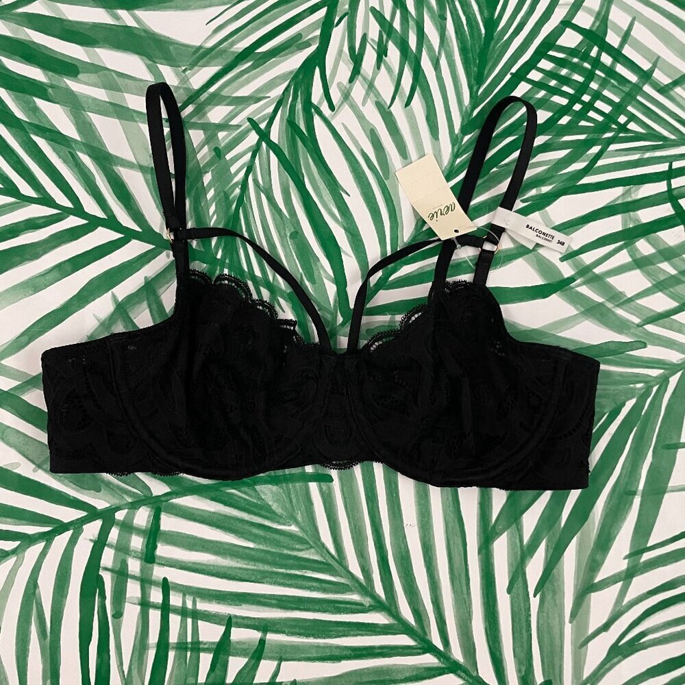 Aerie Black Floral Lace Unlined Balconette Bra Size 34B